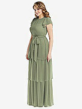 Side View Thumbnail - Sage Flutter Sleeve Jewel Neck Chiffon Maxi Dress with Tiered Ruffle Skirt