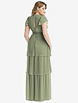 Rear View Thumbnail - Sage Flutter Sleeve Jewel Neck Chiffon Maxi Dress with Tiered Ruffle Skirt