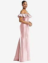 Alt View 4 Thumbnail - Ballet Pink Off-the-Shoulder Ruffle Neck Satin Trumpet Gown