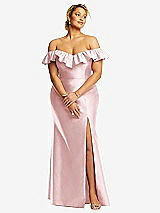 Front View Thumbnail - Ballet Pink Off-the-Shoulder Ruffle Neck Satin Trumpet Gown