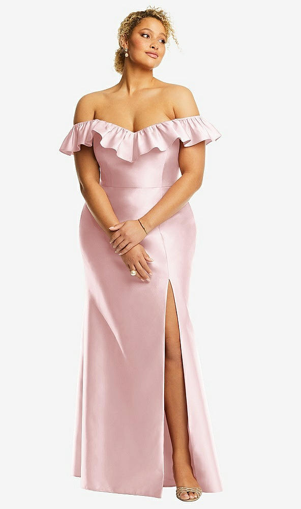 Front View - Ballet Pink Off-the-Shoulder Ruffle Neck Satin Trumpet Gown
