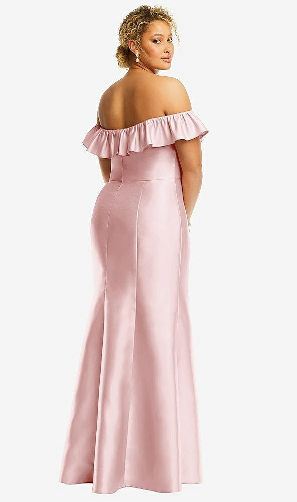 Back View - Ballet Pink Off-the-Shoulder Ruffle Neck Satin Trumpet Gown