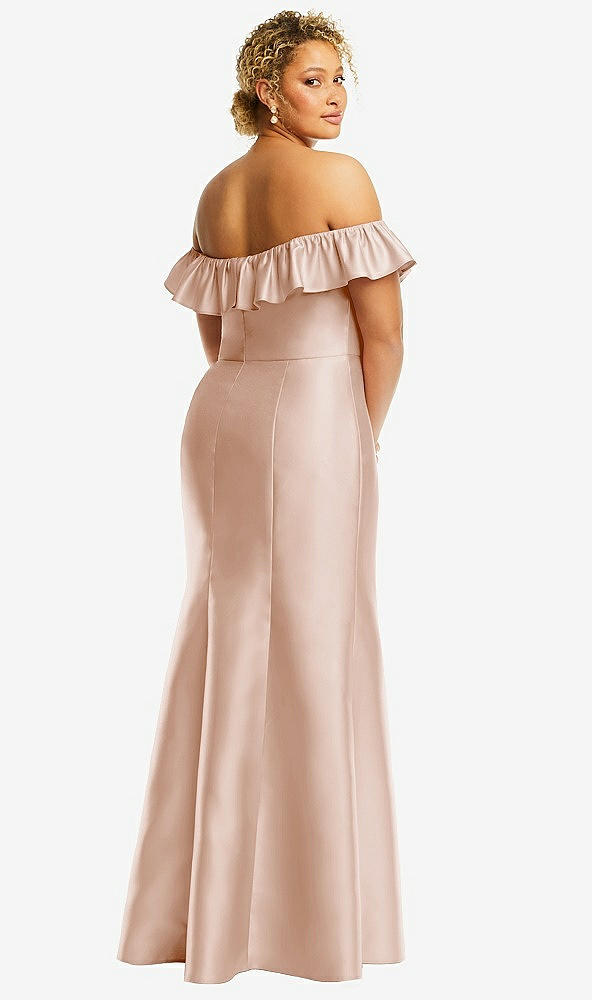 Back View - Cameo Off-the-Shoulder Ruffle Neck Satin Trumpet Gown