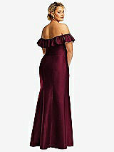 Rear View Thumbnail - Cabernet Off-the-Shoulder Ruffle Neck Satin Trumpet Gown