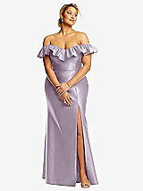 Front View Thumbnail - Lilac Haze Off-the-Shoulder Ruffle Neck Satin Trumpet Gown