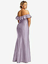 Rear View Thumbnail - Lilac Haze Off-the-Shoulder Ruffle Neck Satin Trumpet Gown