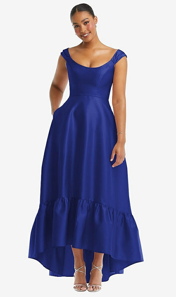Front View - Cobalt Blue Cap Sleeve Deep Ruffle Hem Satin High Low Dress with Pockets