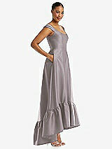 Side View Thumbnail - Cashmere Gray Cap Sleeve Deep Ruffle Hem Satin High Low Dress with Pockets