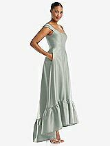 Side View Thumbnail - Willow Green Cap Sleeve Deep Ruffle Hem Satin High Low Dress with Pockets