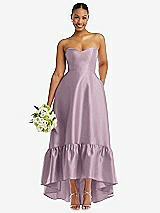 Front View Thumbnail - Suede Rose Strapless Deep Ruffle Hem Satin High Low Dress with Pockets