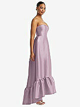 Side View Thumbnail - Suede Rose Strapless Deep Ruffle Hem Satin High Low Dress with Pockets