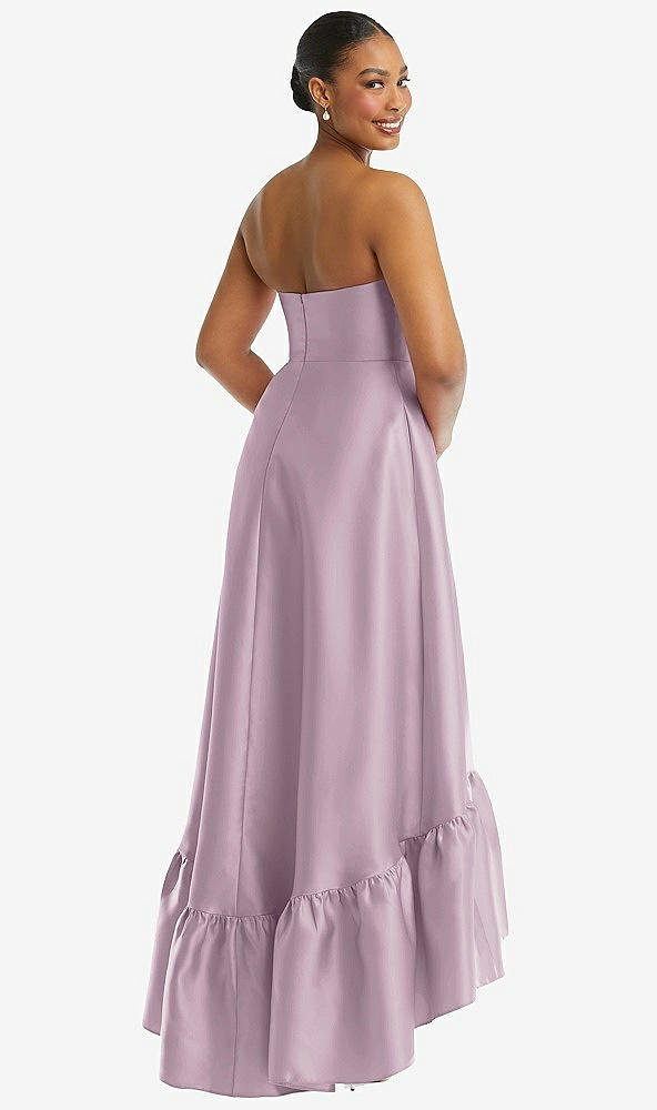 Back View - Suede Rose Strapless Deep Ruffle Hem Satin High Low Dress with Pockets