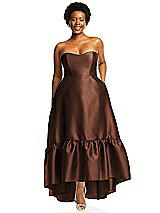 Alt View 1 Thumbnail - Cognac Strapless Deep Ruffle Hem Satin High Low Dress with Pockets