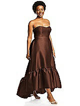 Alt View 2 Thumbnail - Cognac Strapless Deep Ruffle Hem Satin High Low Dress with Pockets