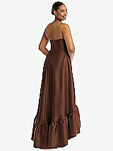 Rear View Thumbnail - Cognac Strapless Deep Ruffle Hem Satin High Low Dress with Pockets