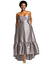 Alt View 1 Thumbnail - Cashmere Gray Strapless Deep Ruffle Hem Satin High Low Dress with Pockets