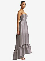 Side View Thumbnail - Cashmere Gray Strapless Deep Ruffle Hem Satin High Low Dress with Pockets