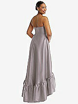 Rear View Thumbnail - Cashmere Gray Strapless Deep Ruffle Hem Satin High Low Dress with Pockets