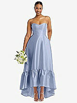 Front View Thumbnail - Sky Blue Strapless Deep Ruffle Hem Satin High Low Dress with Pockets