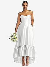 Front View Thumbnail - White Strapless Deep Ruffle Hem Satin High Low Dress with Pockets