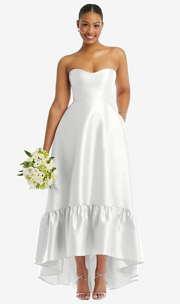 Front View - White Strapless Deep Ruffle Hem Satin High Low Dress with Pockets