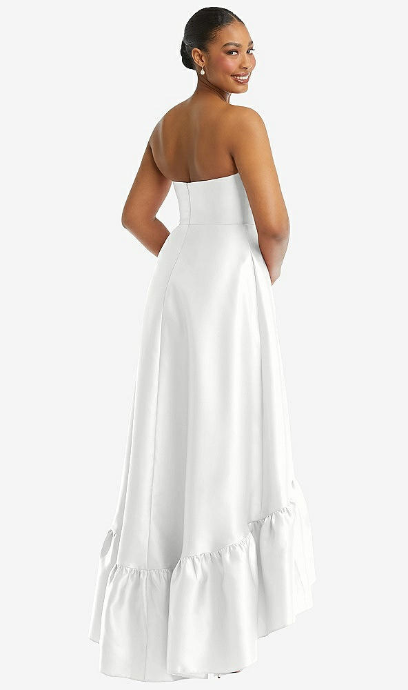 Back View - White Strapless Deep Ruffle Hem Satin High Low Dress with Pockets