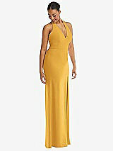 Alt View 1 Thumbnail - NYC Yellow Plunge Neck Halter Backless Trumpet Gown with Front Slit