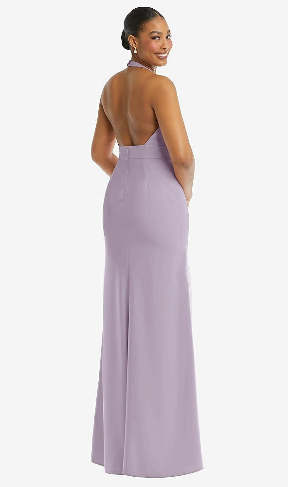 Back View - Lilac Haze Plunge Neck Halter Backless Trumpet Gown with Front Slit
