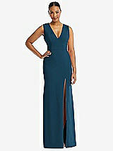 Front View Thumbnail - Atlantic Blue Deep V-Neck Closed Back Crepe Trumpet Gown with Front Slit