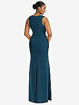 Rear View Thumbnail - Atlantic Blue Deep V-Neck Closed Back Crepe Trumpet Gown with Front Slit