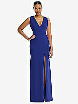 Front View Thumbnail - Cobalt Blue Deep V-Neck Closed Back Crepe Trumpet Gown with Front Slit