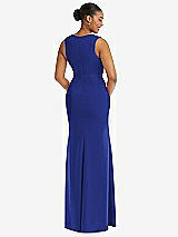 Rear View Thumbnail - Cobalt Blue Deep V-Neck Closed Back Crepe Trumpet Gown with Front Slit