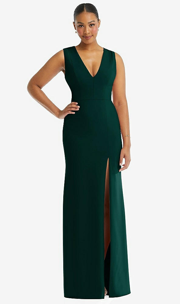 Front View - Evergreen Deep V-Neck Closed Back Crepe Trumpet Gown with Front Slit