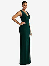 Side View Thumbnail - Evergreen Deep V-Neck Closed Back Crepe Trumpet Gown with Front Slit