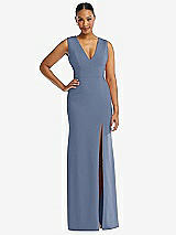 Front View Thumbnail - Larkspur Blue Deep V-Neck Closed Back Crepe Trumpet Gown with Front Slit