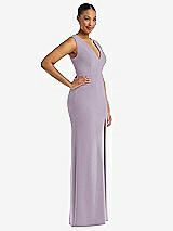 Side View Thumbnail - Lilac Haze Deep V-Neck Closed Back Crepe Trumpet Gown with Front Slit