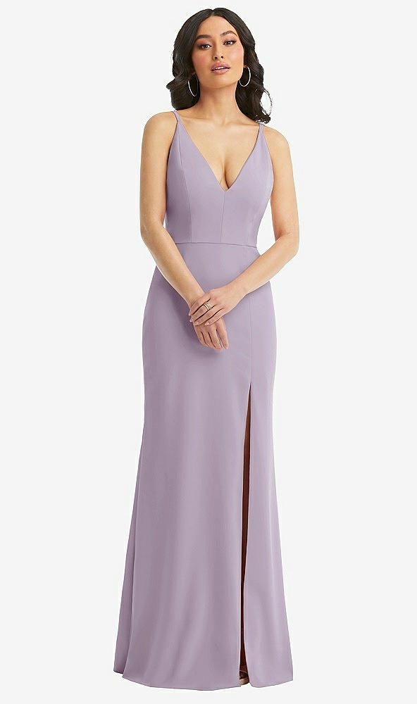Front View - Lilac Haze Skinny Strap Deep V-Neck Crepe Trumpet Gown with Front Slit