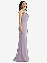 Side View Thumbnail - Lilac Haze Skinny Strap Deep V-Neck Crepe Trumpet Gown with Front Slit