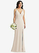 Alt View 1 Thumbnail - Oat Skinny Strap Deep V-Neck Crepe Trumpet Gown with Front Slit