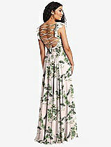 Front View Thumbnail - Palm Beach Print Shirred Cross Bodice Lace Up Open-Back Maxi Dress with Flutter Sleeves