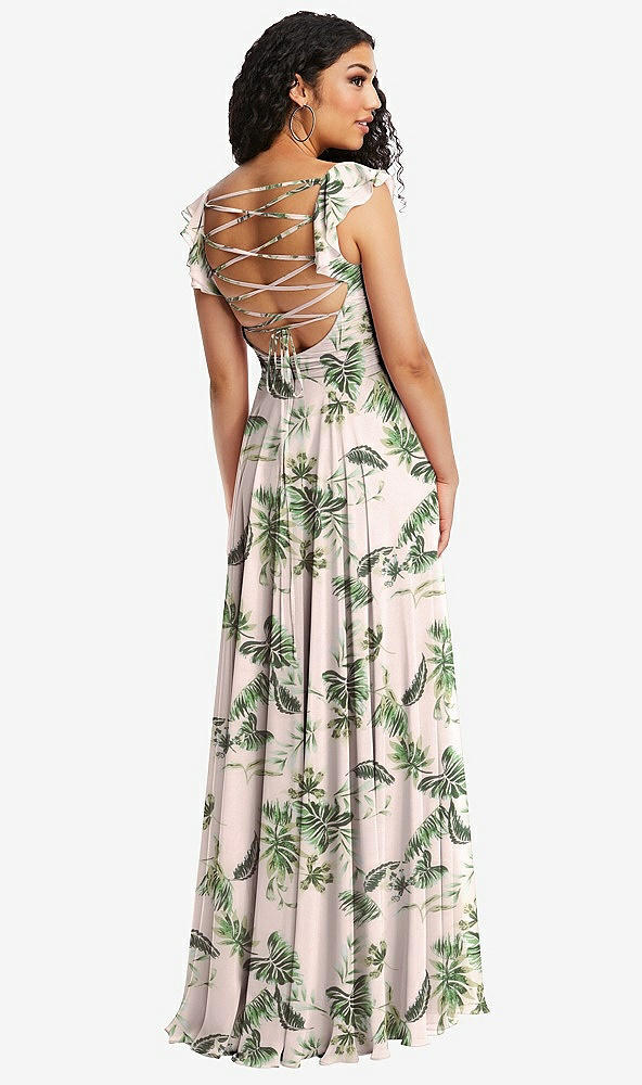 Front View - Palm Beach Print Shirred Cross Bodice Lace Up Open-Back Maxi Dress with Flutter Sleeves