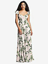 Rear View Thumbnail - Palm Beach Print Shirred Cross Bodice Lace Up Open-Back Maxi Dress with Flutter Sleeves
