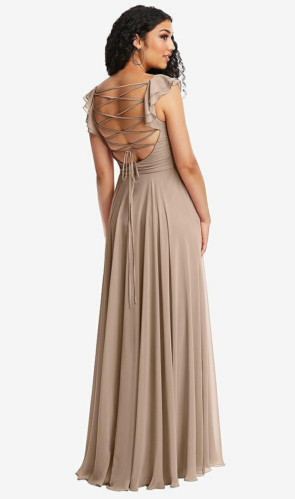 Front View - Topaz Shirred Cross Bodice Lace Up Open-Back Maxi Dress with Flutter Sleeves