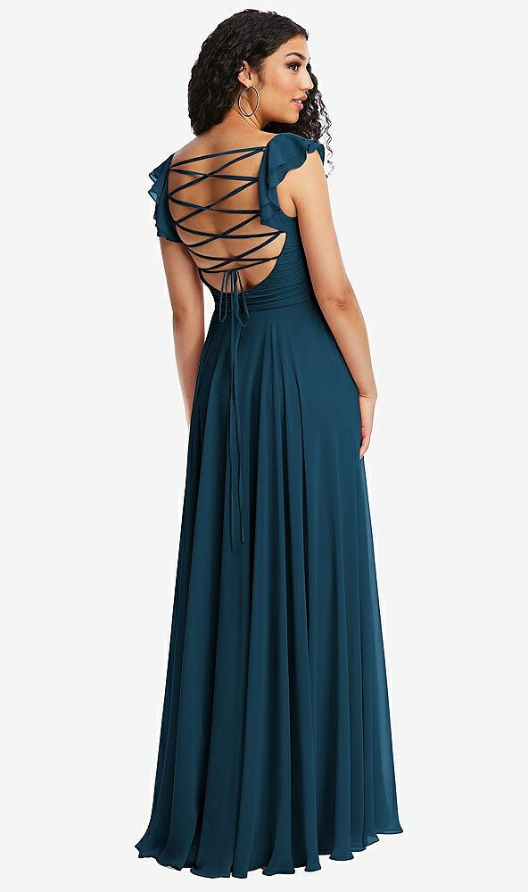 Front View - Atlantic Blue Shirred Cross Bodice Lace Up Open-Back Maxi Dress with Flutter Sleeves