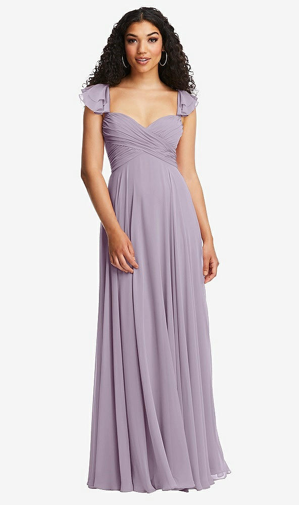 Back View - Lilac Haze Shirred Cross Bodice Lace Up Open-Back Maxi Dress with Flutter Sleeves
