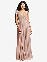 Rear View Thumbnail - Toasted Sugar Shirred Cross Bodice Lace Up Open-Back Maxi Dress with Flutter Sleeves