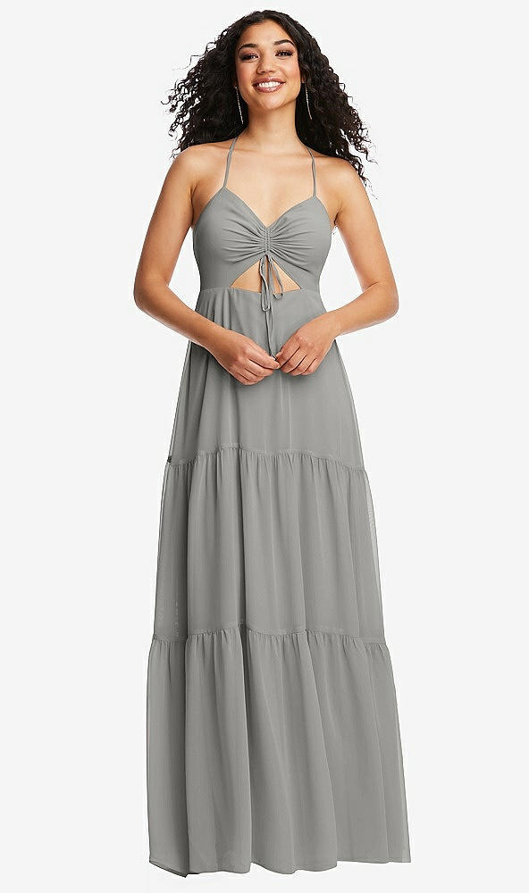 Front View - Chelsea Gray Drawstring Bodice Gathered Tie Open-Back Maxi Dress with Tiered Skirt