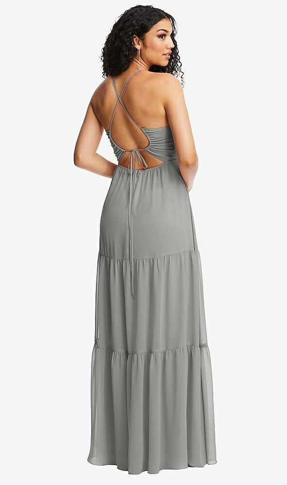 Back View - Chelsea Gray Drawstring Bodice Gathered Tie Open-Back Maxi Dress with Tiered Skirt