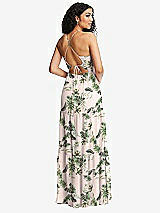 Rear View Thumbnail - Palm Beach Print Drawstring Bodice Gathered Tie Open-Back Maxi Dress with Tiered Skirt