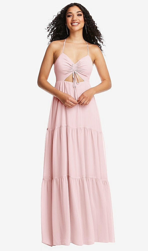 Front View - Ballet Pink Drawstring Bodice Gathered Tie Open-Back Maxi Dress with Tiered Skirt